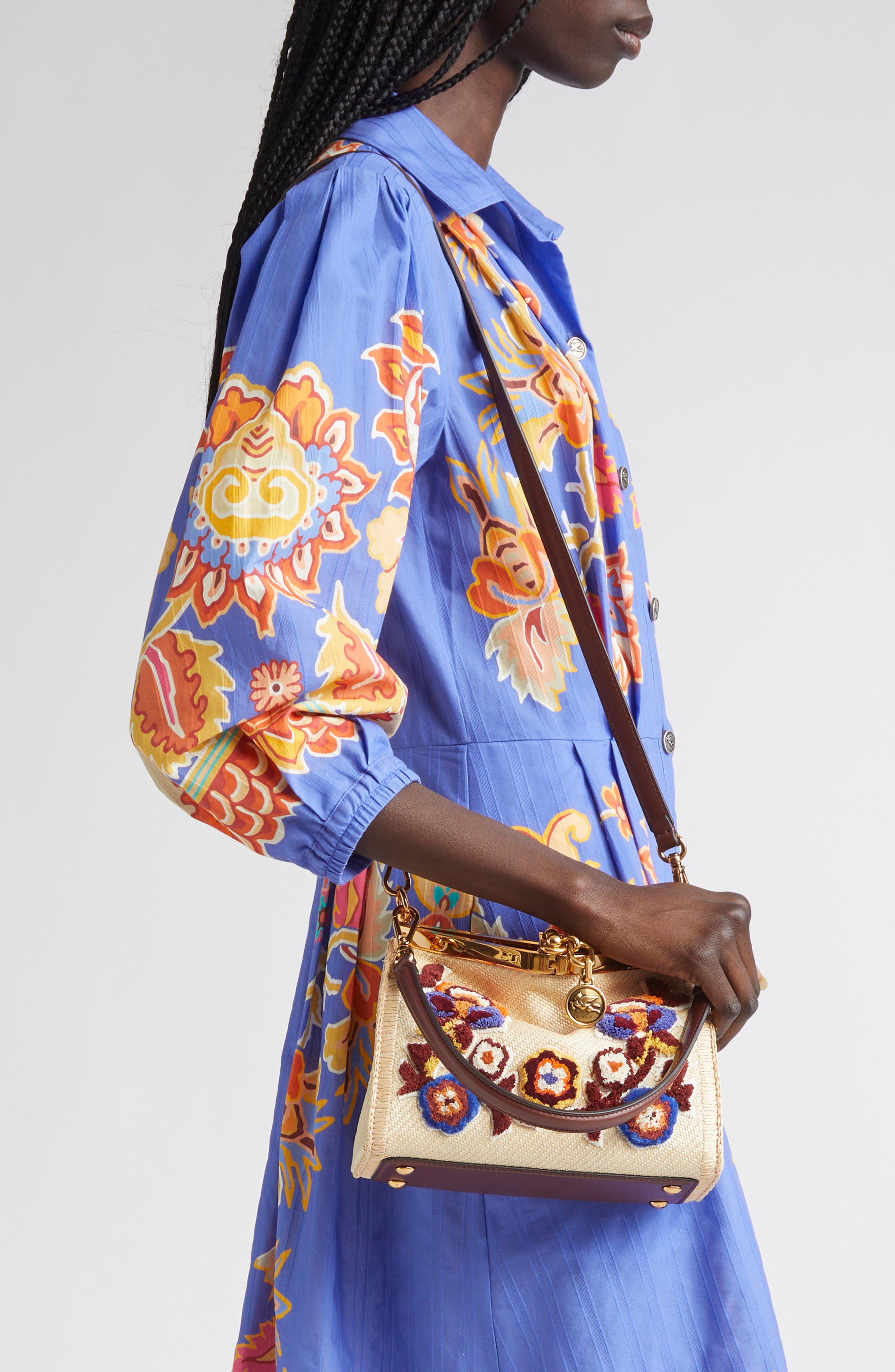 Etro Small Vela Floral Embroidered Raffia Shoulder Bag, Alternate, color, M0121 Beige