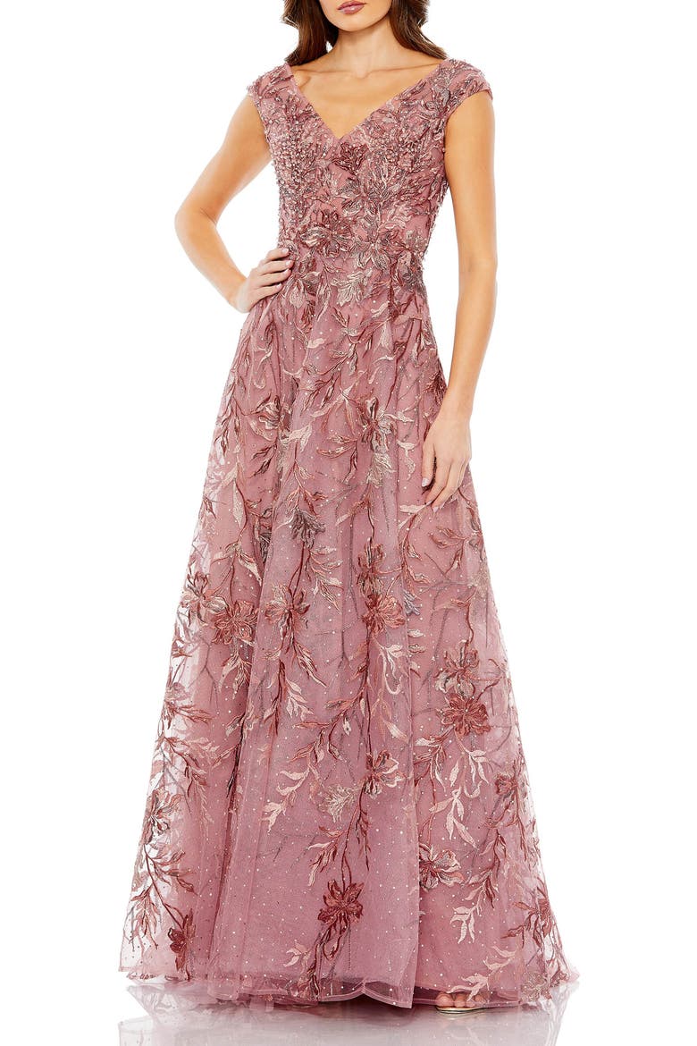 Embroidered Illusion Cap Sleeve A Line Gown, Main, color, CINNAMON