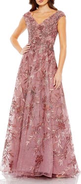 Mac Duggal Embroidered Illusion Cap Sleeve A Line Gown