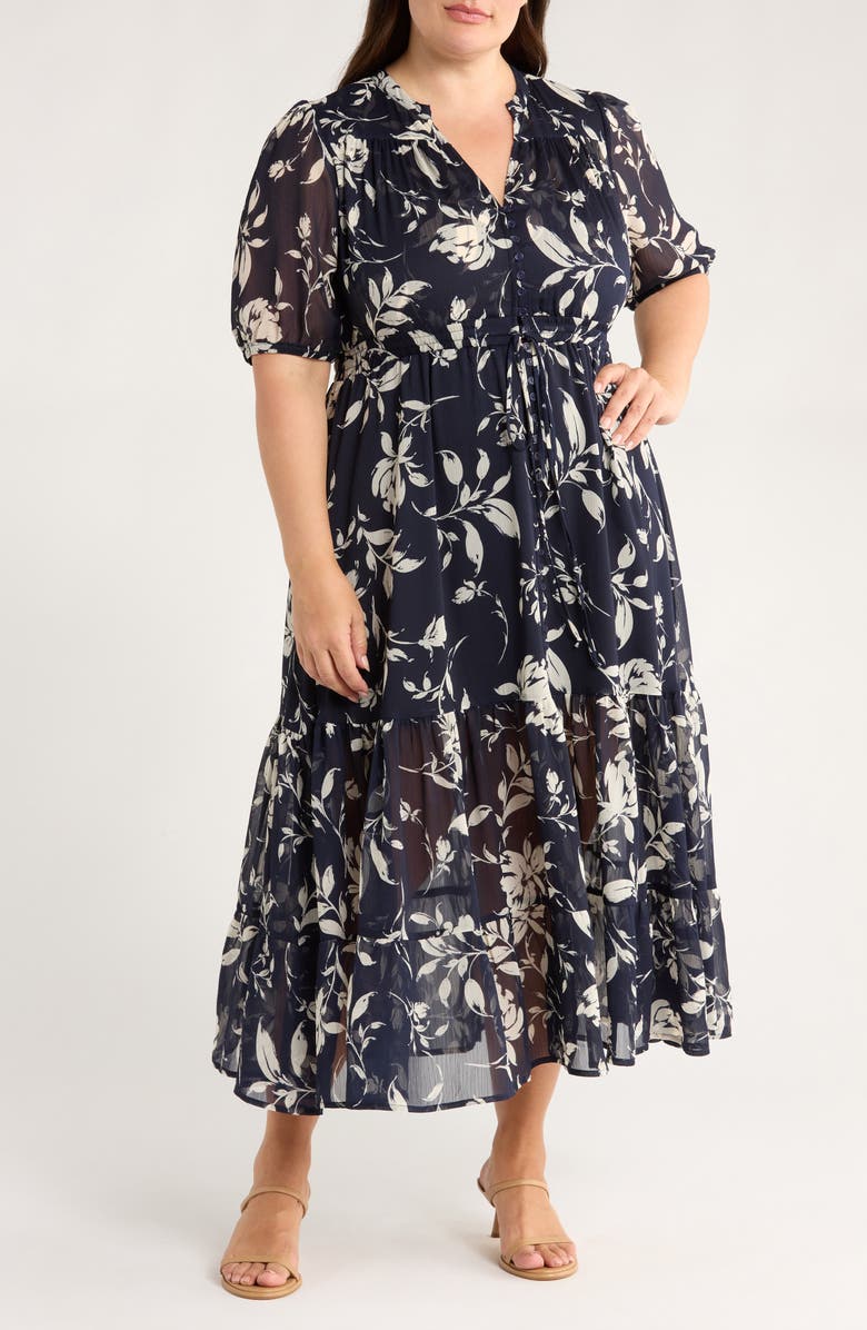 GIBSONLOOK Kira Print Drawstring Maxi Dress, Main, color, Navy White Floral