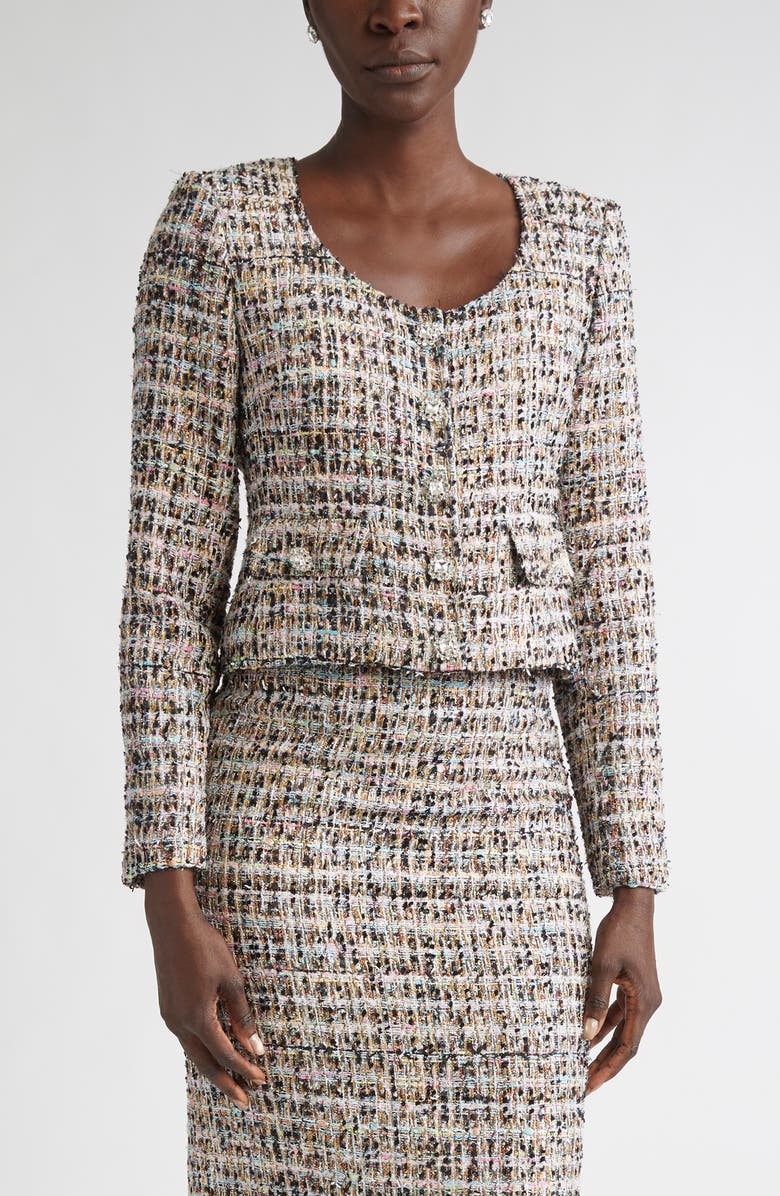 ST. JOHN Metallic Tweed Jacket, Main, color, Aqua/ Black