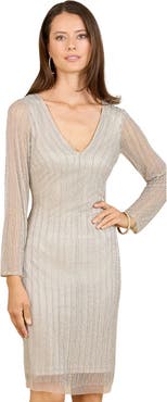 LARA New York Classic V-Neck Beaded Long Sleeve Cocktail Dress