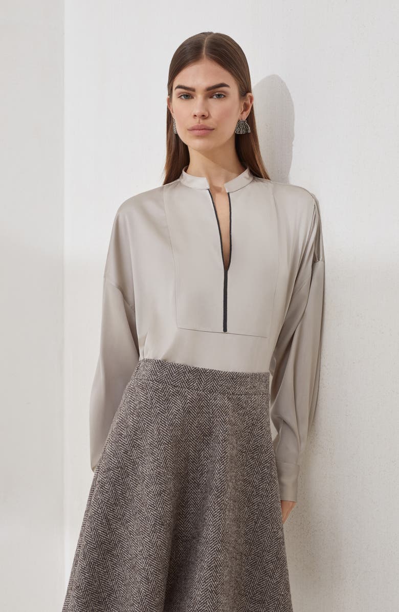 Brunello Cucinelli Stretch silk satin blouse, Alternate, color, Beige Silk