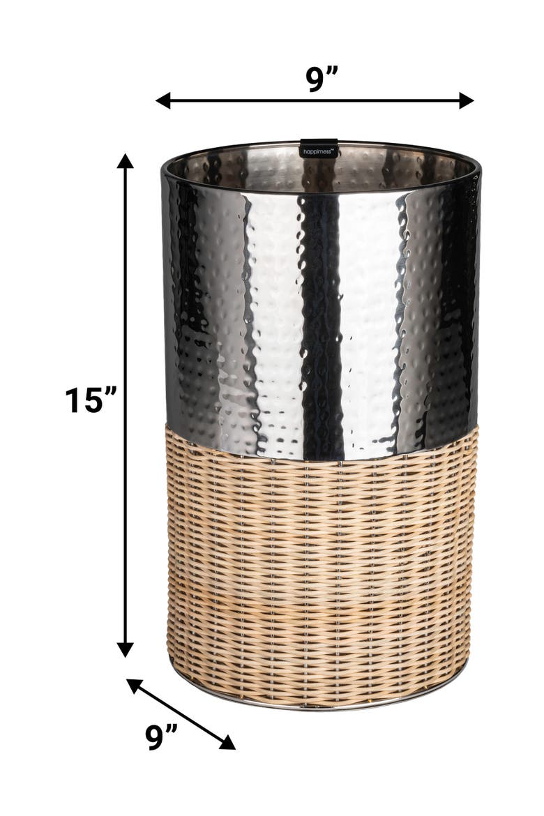 Asher Modern 2-Tone Faux Wicker/Metal Cylinder Waste Basket, Alternate, color, Chrome/Natural