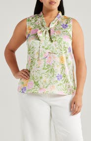 Tahari ASL Floral Bow Neck Sleeveless Top
