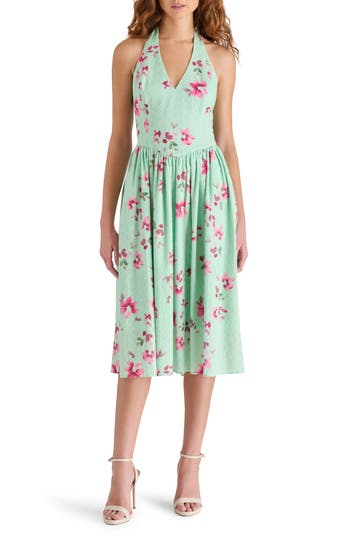 Steve Madden Ressi Floral Cotton Eyelet Halter Dress In Green
