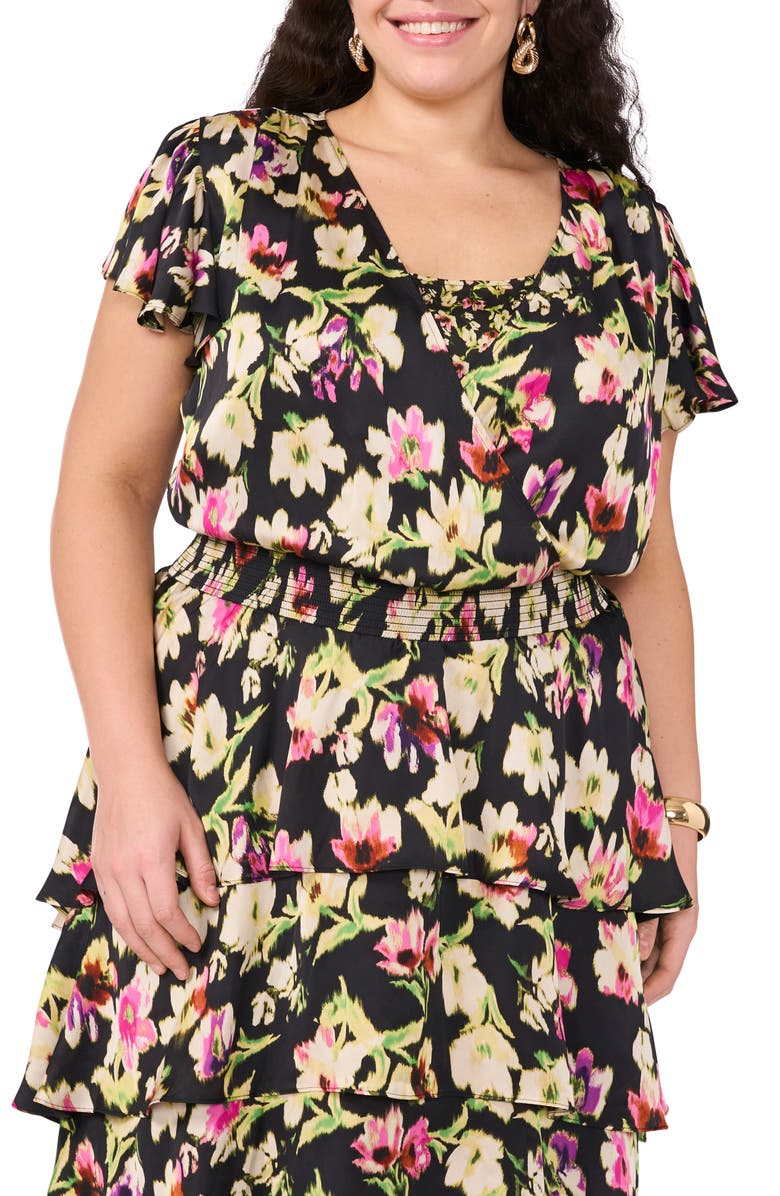 Vince Camuto Floral Tiered Midi Dress, Alternate, color, Rich Black