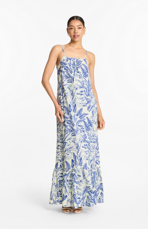 Printed Cotton Poplin Fari Maxi Dress in Toile Blu