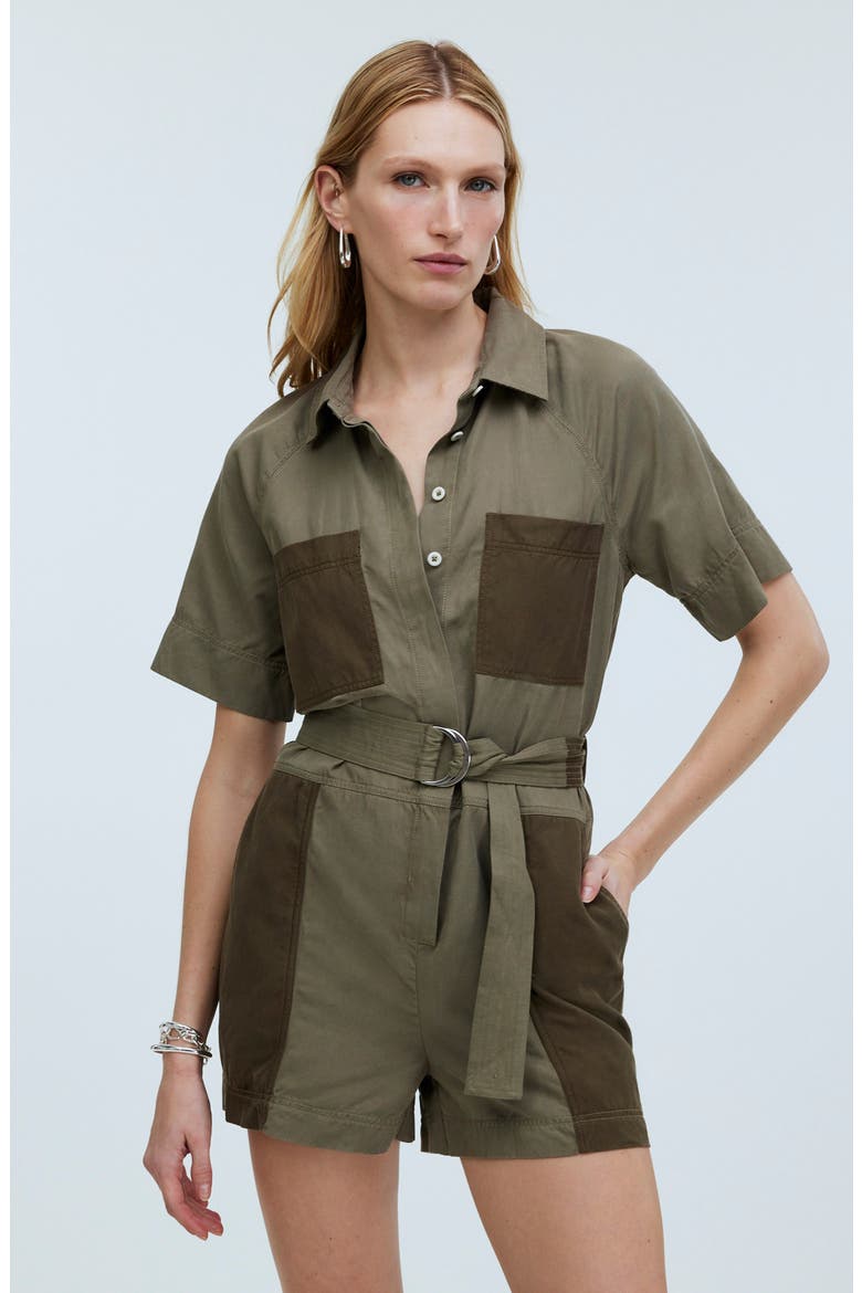 Short Sleeve Patch Pocket Romper, Alternate, color, DARK OLIVE
