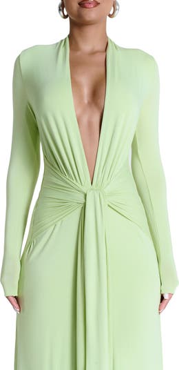 Plunge Neck Long Sleeve Stretch Jersey Maxi Dress