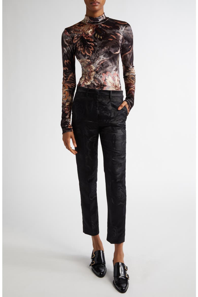Floral Jacquard Tapered Satin Cigarette Trousers, Alternate, color, BLACK