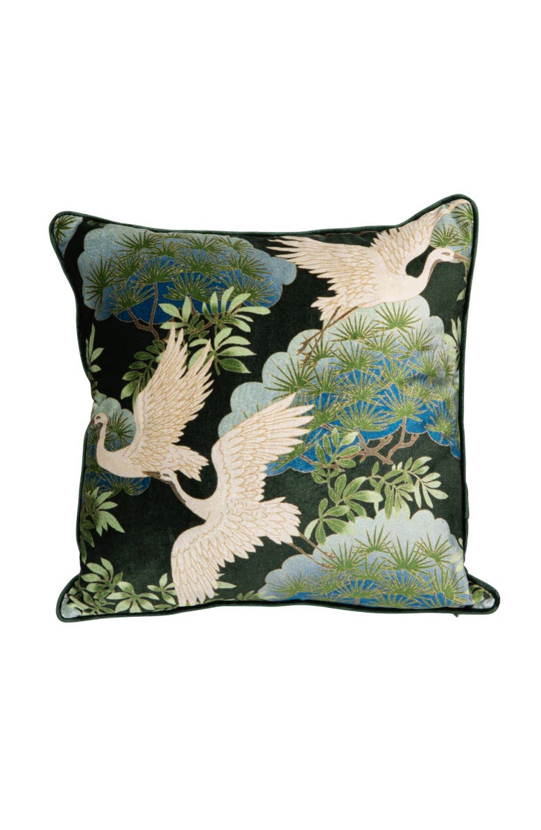 Storied Home Cotton Blend Velvet Printed Pillow with Cranes and Piping, Multicolor, Main, color, Green