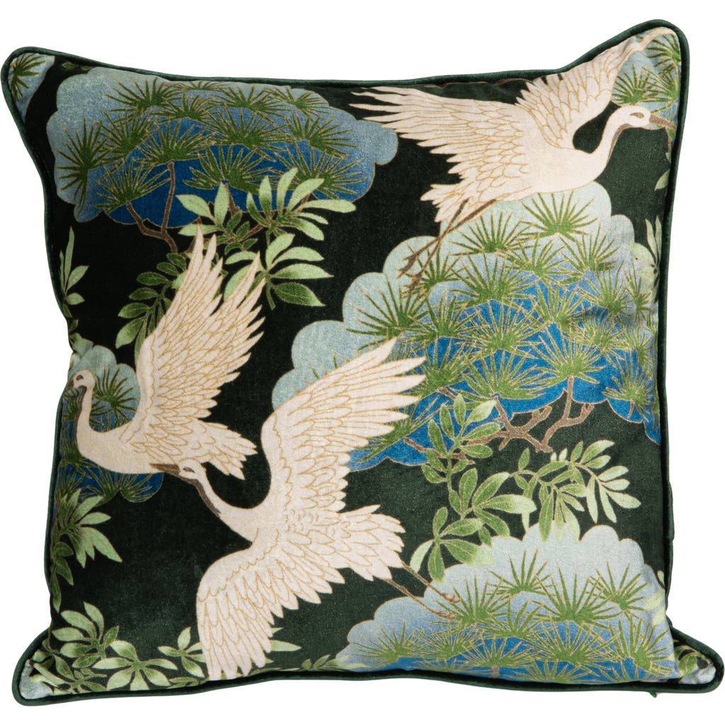 Storied Home Cotton Blend Velvet Printed Pillow With Cranes And Piping, Multicolor In Green