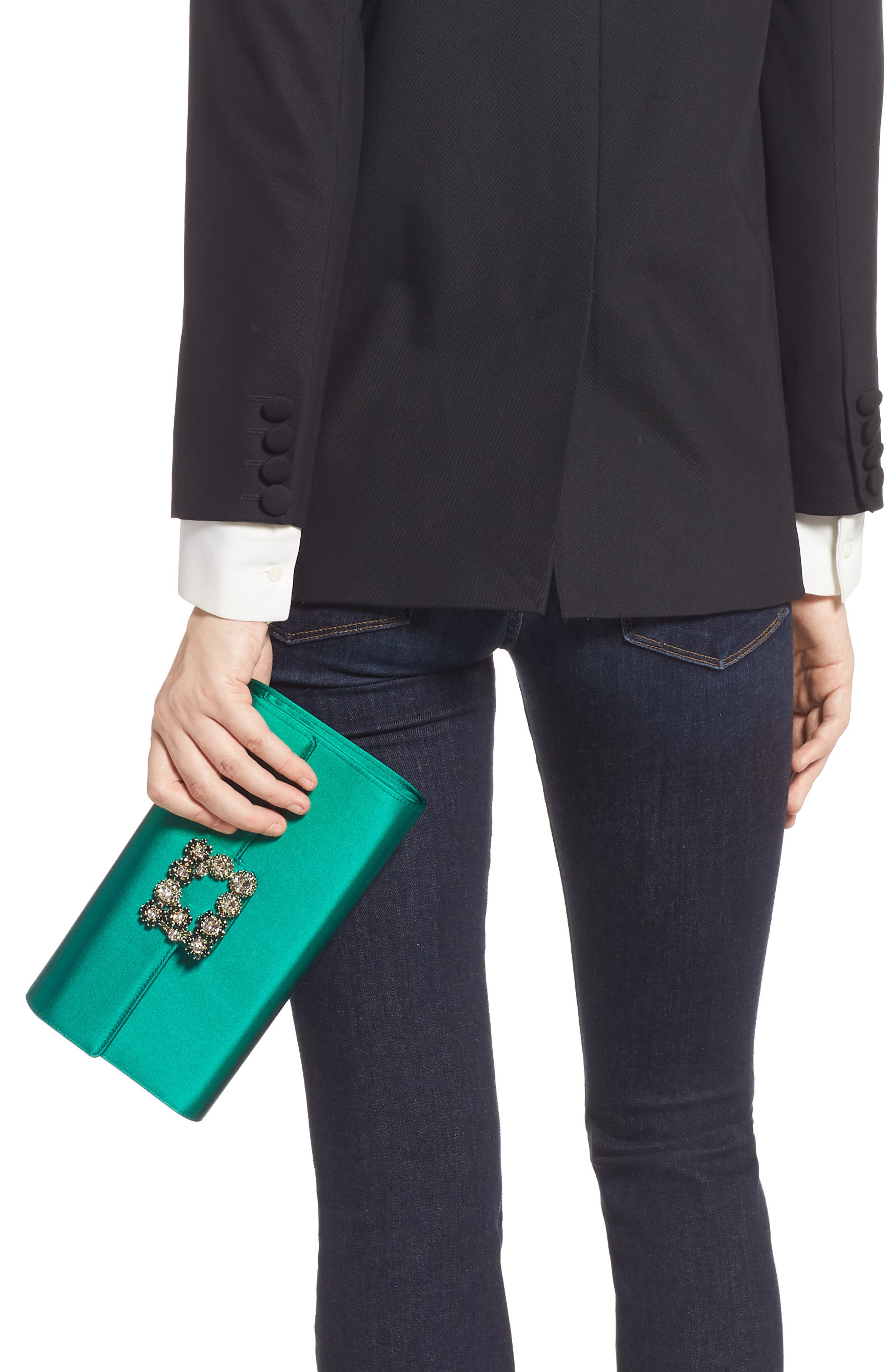 Flower Buckle Satin Clutch, Alternate, color, GRANITA