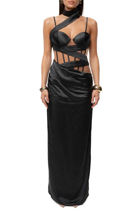 Golden Hour Corset Satin Maxi Cocktail Dress