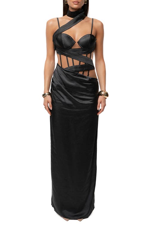 Jluxlabel Golden Hour Corset Satin Maxi Cocktail Dress In Black
