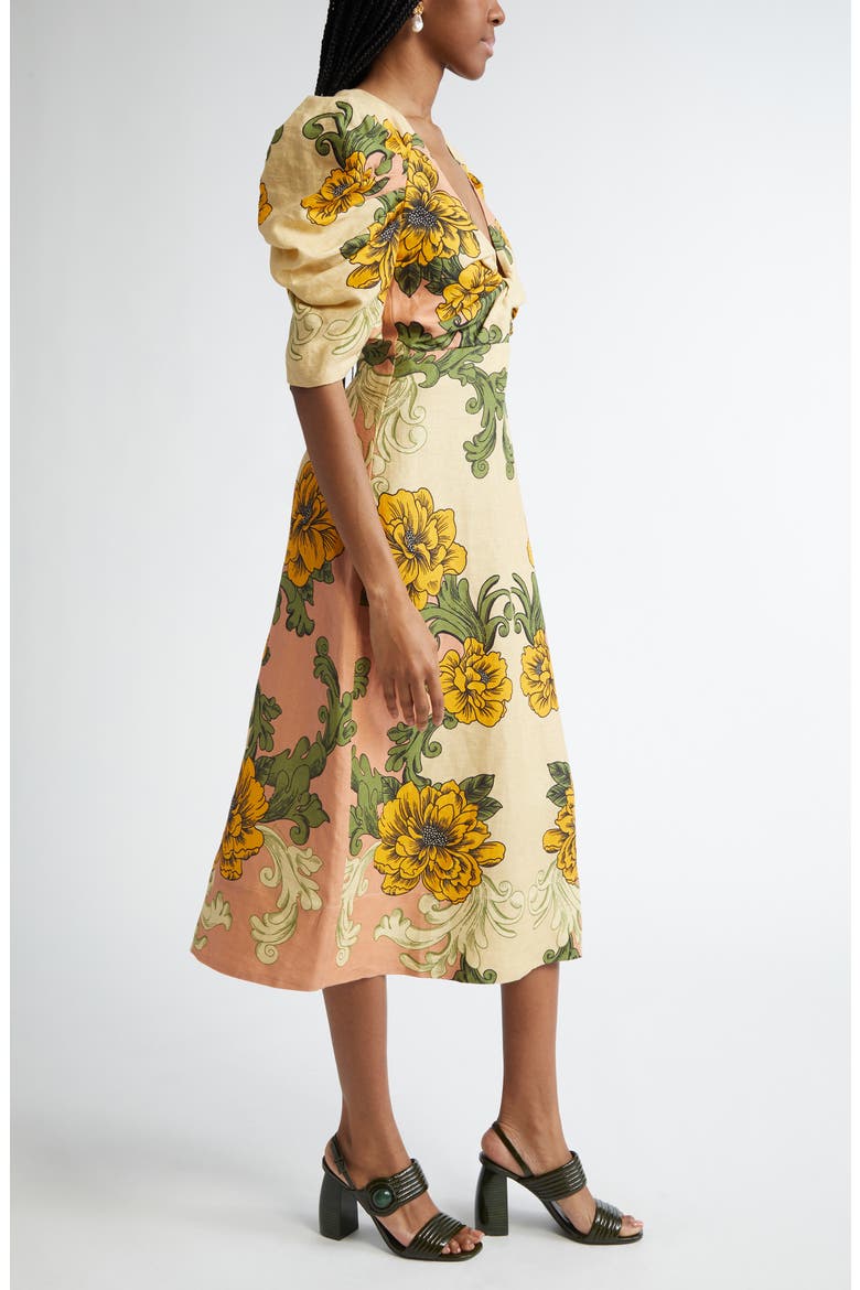 Delicate Flower Arabesques Linen Midi Dress, Alternate, color, DELICATE FLOWER ARAB