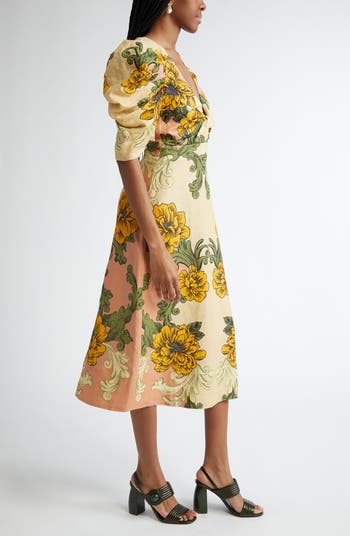 Delicate Flower Arabesques Linen Midi Dress