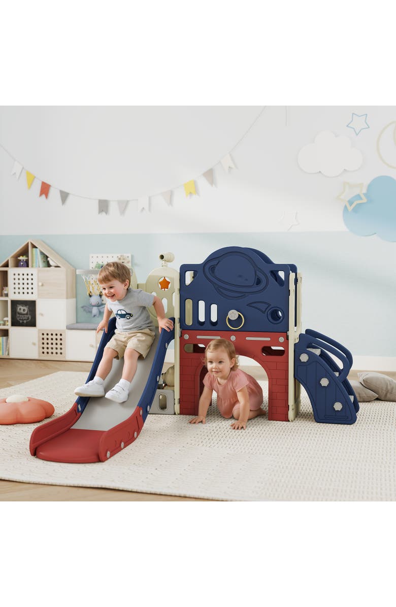 Qaba 8-in-1 Toddler Slide Set, Hoop, Telescope, Indoor/Outdoor, Alternate, color, Blue