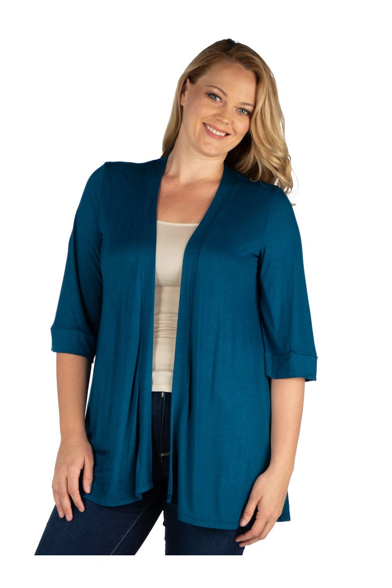 Plus Size Elbow Length Sleeve Open Front Cardigan, Main, color, Teal