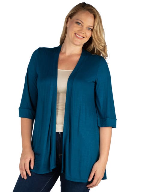 Plus Size Elbow Length Sleeve Open Front Cardigan