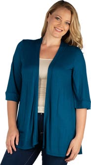24seven Comfort Apparel Plus Size Elbow Length Sleeve Open Front Cardigan