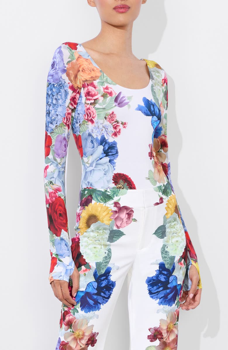 Alice + Olivia Rhys Floral Print Long Sleeve Bodysuit, Alternate, color, Garden Brunch Off White