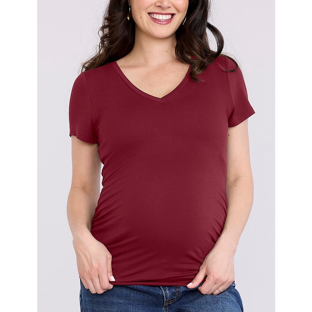 Motherhood Maternity V-neck Side-ruched Maternity Short Sleeve Tee In Burgundy