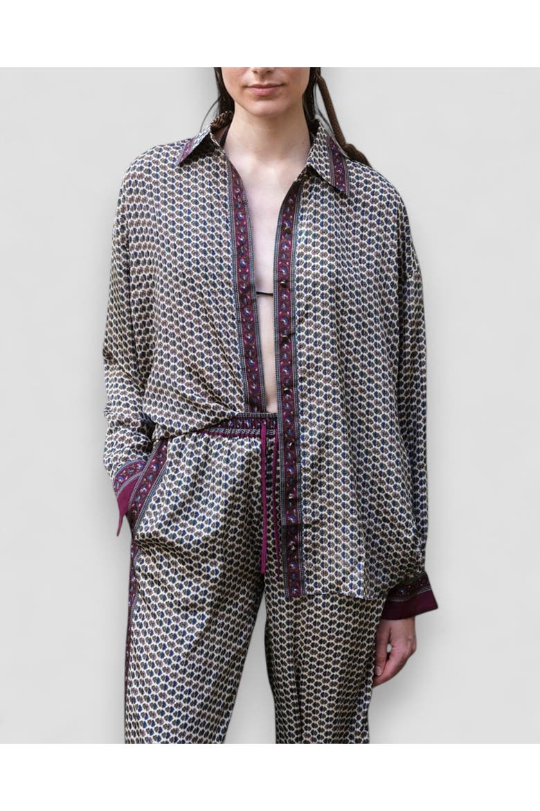 Embossed Botanical Long Sleeve Crepe Shirt, Alternate, color, Forest plum