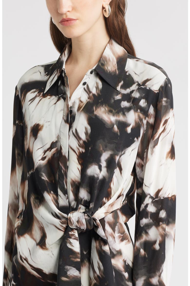 Tie Waist Long Sleeve Shirtdress, Alternate, color, BLACK- IVORY CELESTE ABSTRACT