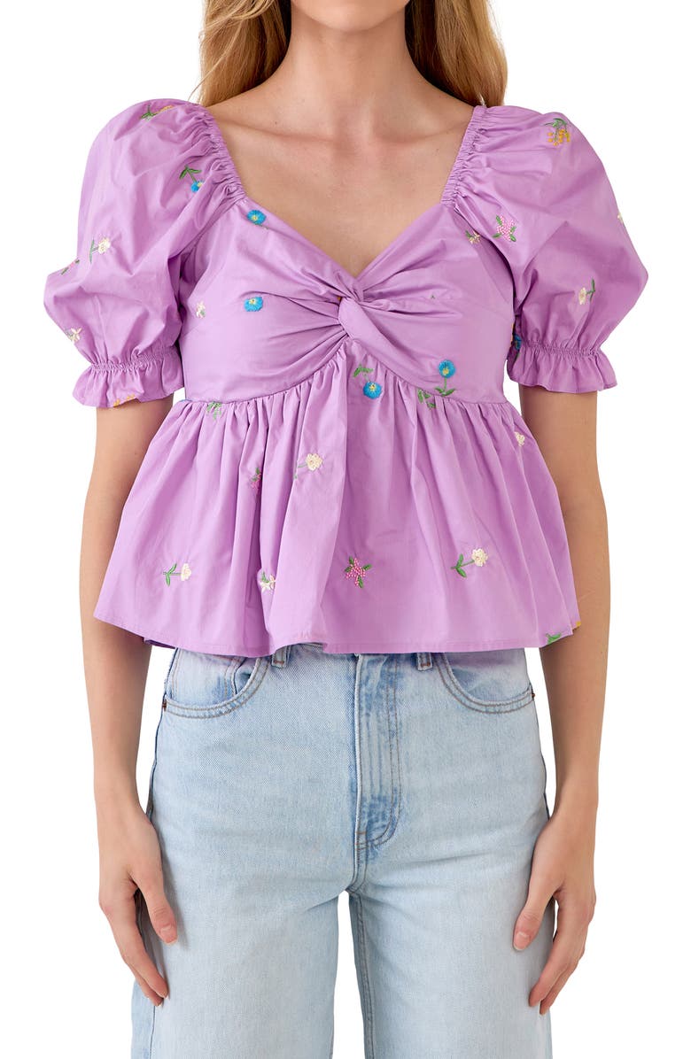 English Factory Floral Embroidered Puff Sleeve Babydoll Top, Alternate, color, Purple Multi