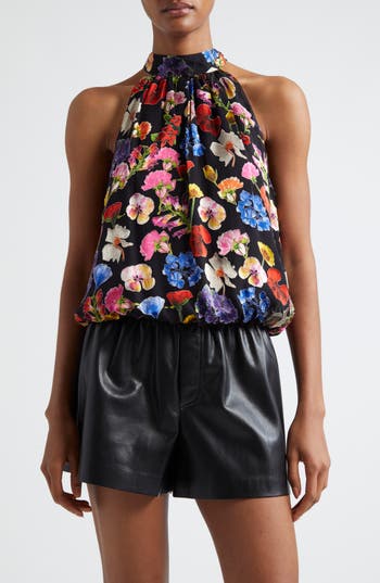 Alice And Olivia Maris Gathered Floral-print Jacquard Top In Timeless Blossom