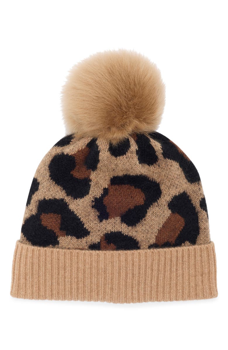 Amicale Cheetah Print Cashmere Beanie with Faux Fur Pom, Main, color, Camel Multi