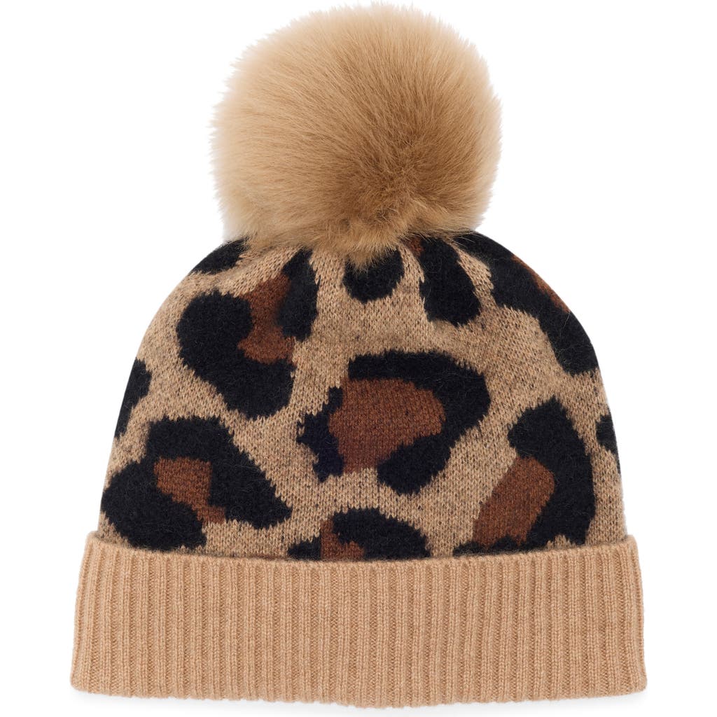 Amicale Cheetah Print Cashmere Beanie With Faux Fur Pom In Brown