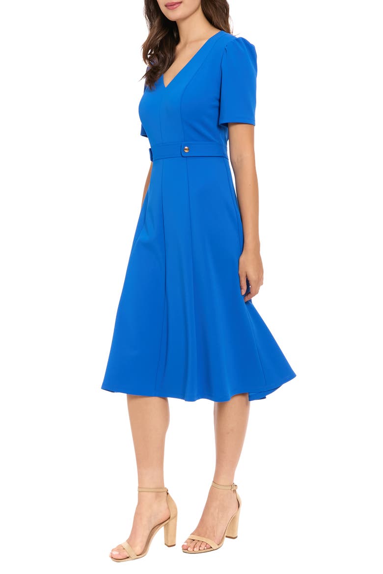 V-Neck Side Tab Fit & Flare Midi Dress, Alternate, color, TURK SEA