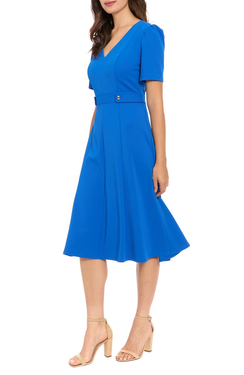 London Times V-Neck Side Tab Fit & Flare Midi Dress, Alternate, color, Turk Sea