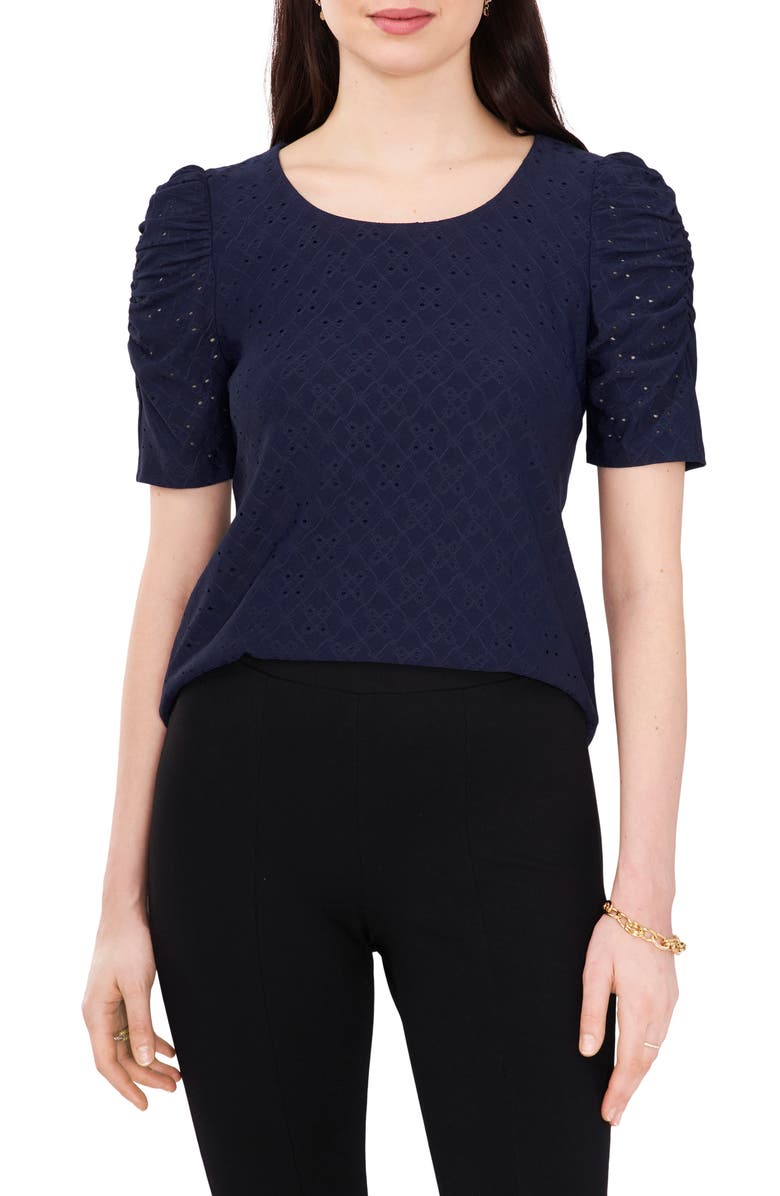 Chaus Eyelet Ruched Sleeve Top, Main, color, Navy 410
