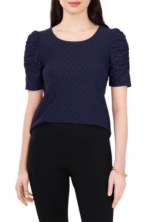 Chaus Eyelet Ruched Sleeve Top In Blue