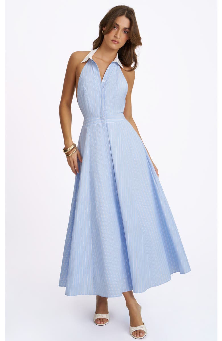 Miss Circle Winslet Striped Cotton Poplin Halter Maxi Dress, Main, color, Sky Blue