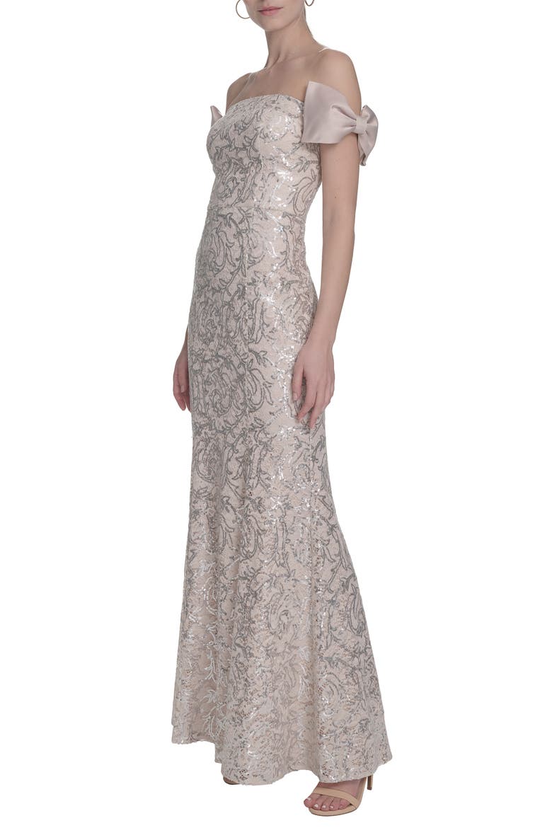 Bow Sequin Off the Shoulder Mermaid Gown, Alternate, color, CHAMPAGNE