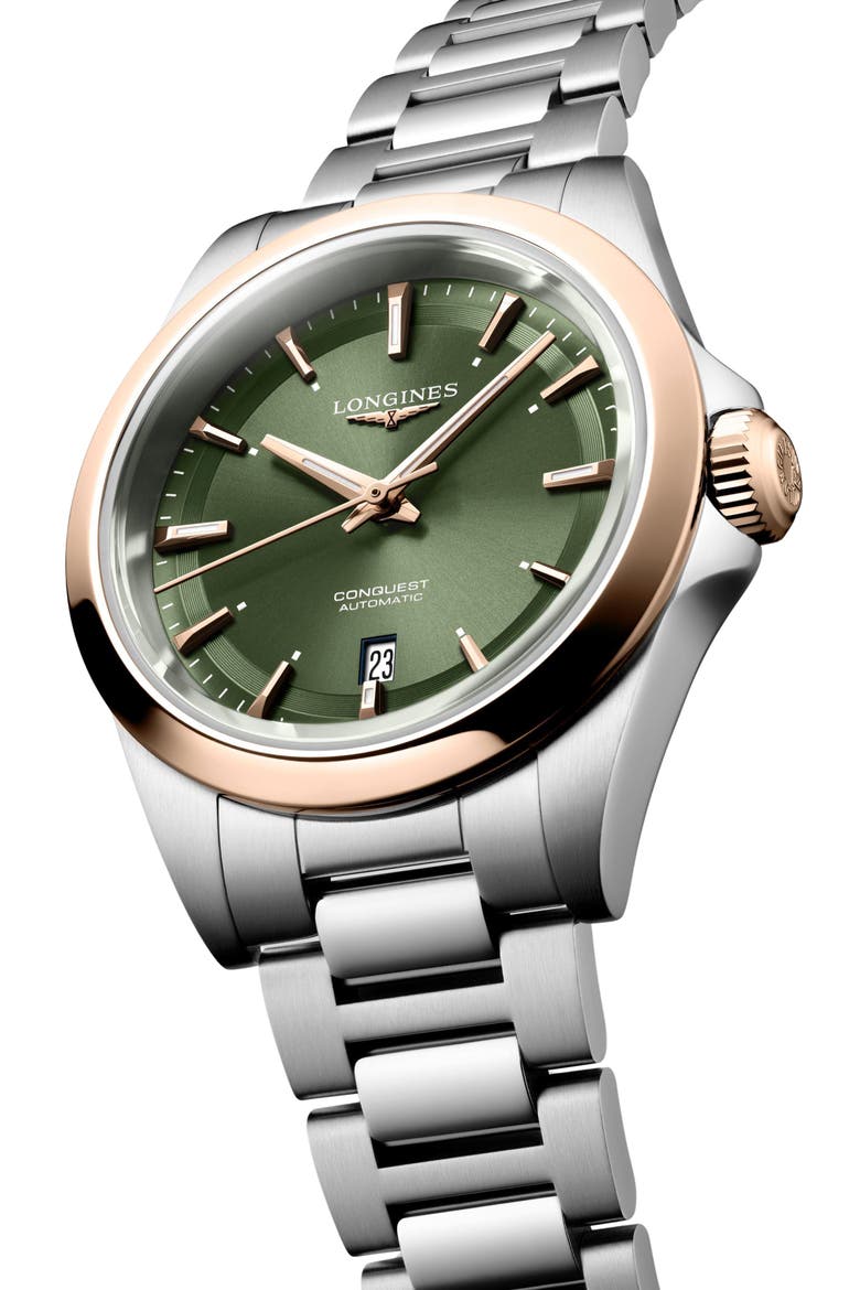Conquest 18K Rose Gold Bezel Automatic Bracelet Watch, 30mm, Alternate, color, GREEN