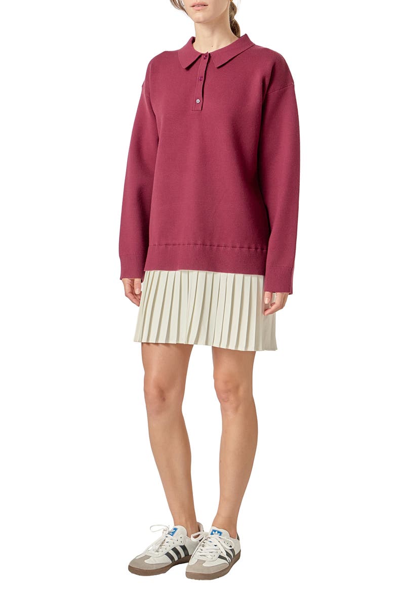 Long Sleeve Mixed Media Polo Minidress, Alternate, color, BURGUNDY/ WHITE