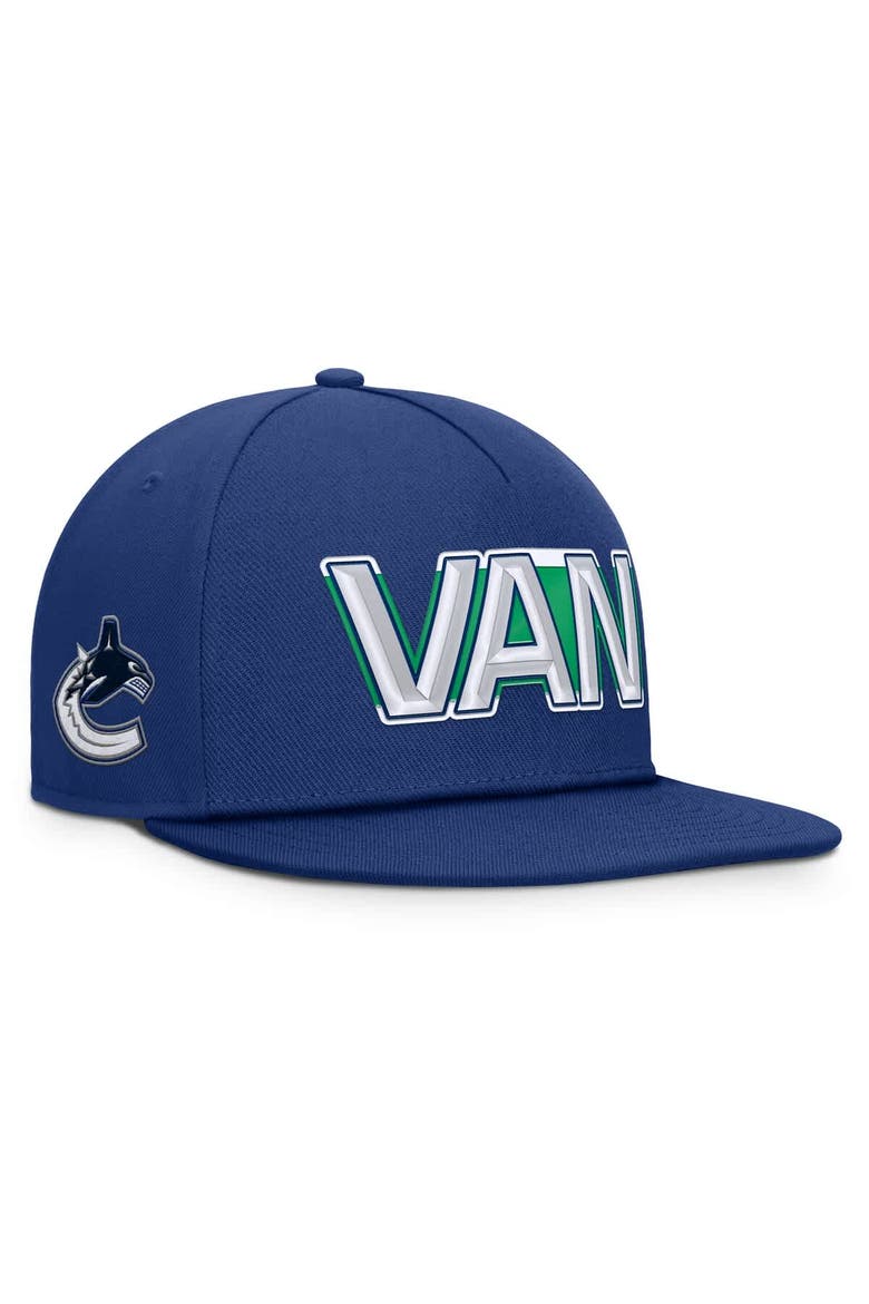 Men's Fanatics Blue Vancouver Canucks Authentic Pro Rink Team Code Snapback Hat, Main, color, Blue