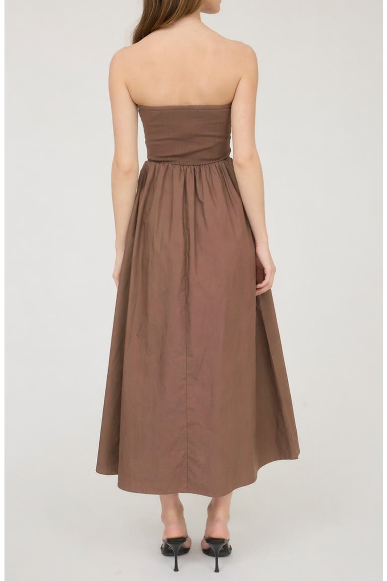 Mixed Media Strapless Midi Dress, Alternate, color, BROWN