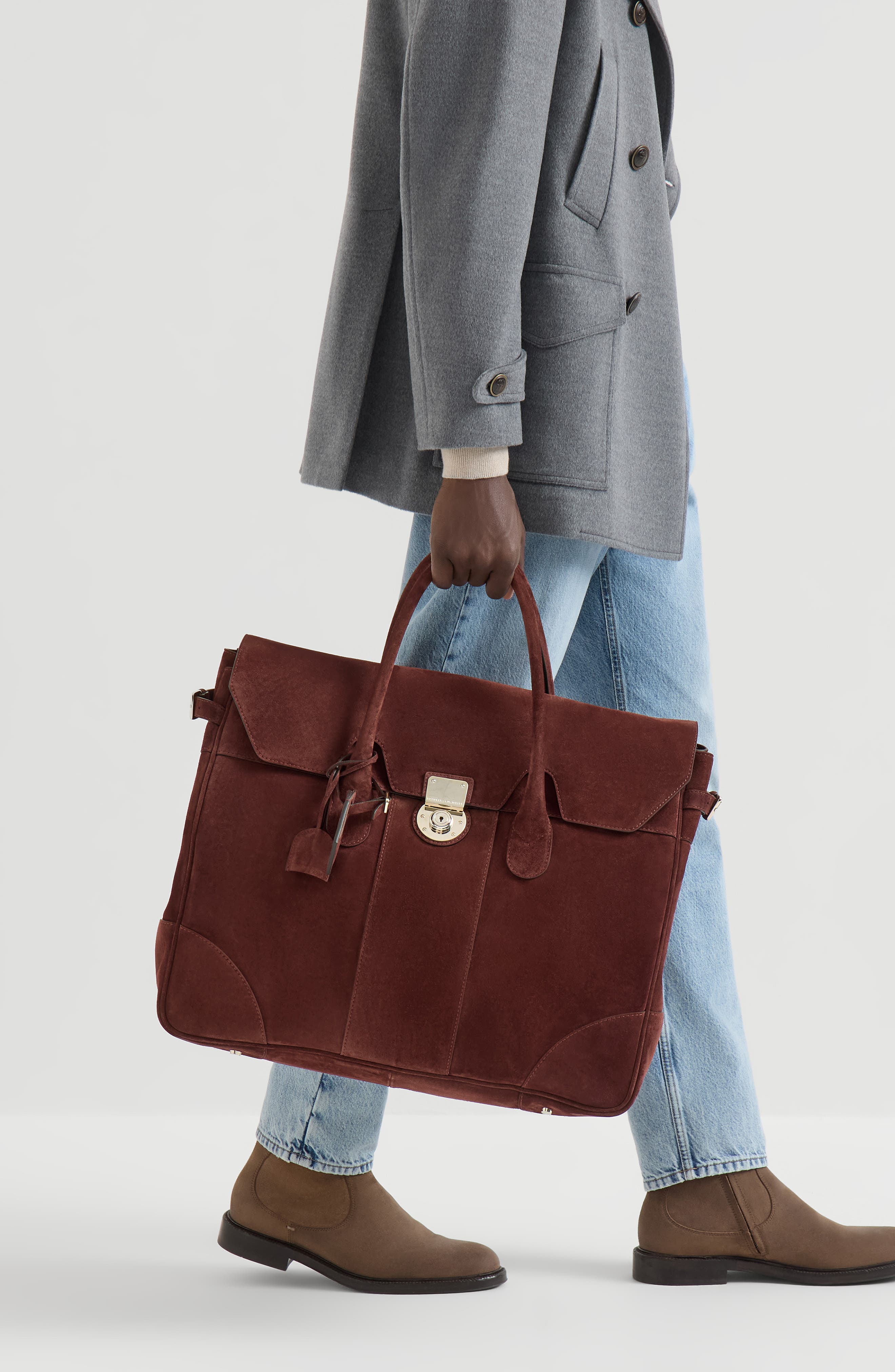 Brunello Cucinelli Suede boston bag, Alternate, color, Burgundy