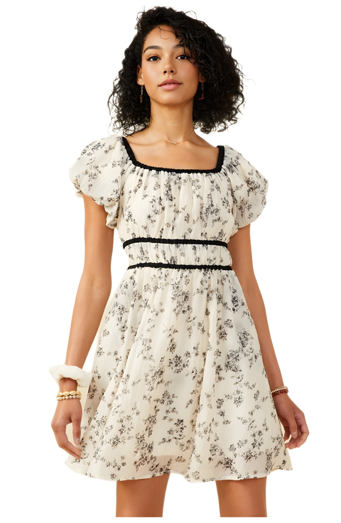 Puff Sleeve Floral Mini Dress with Trim Detail