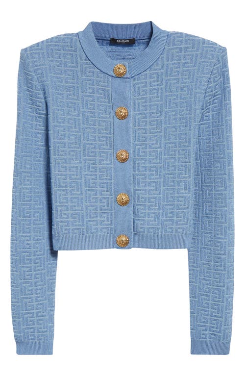 Shop Balmain Glitter Labyrinth Monogram Jacquard Crop Cardigan In Blue/blue