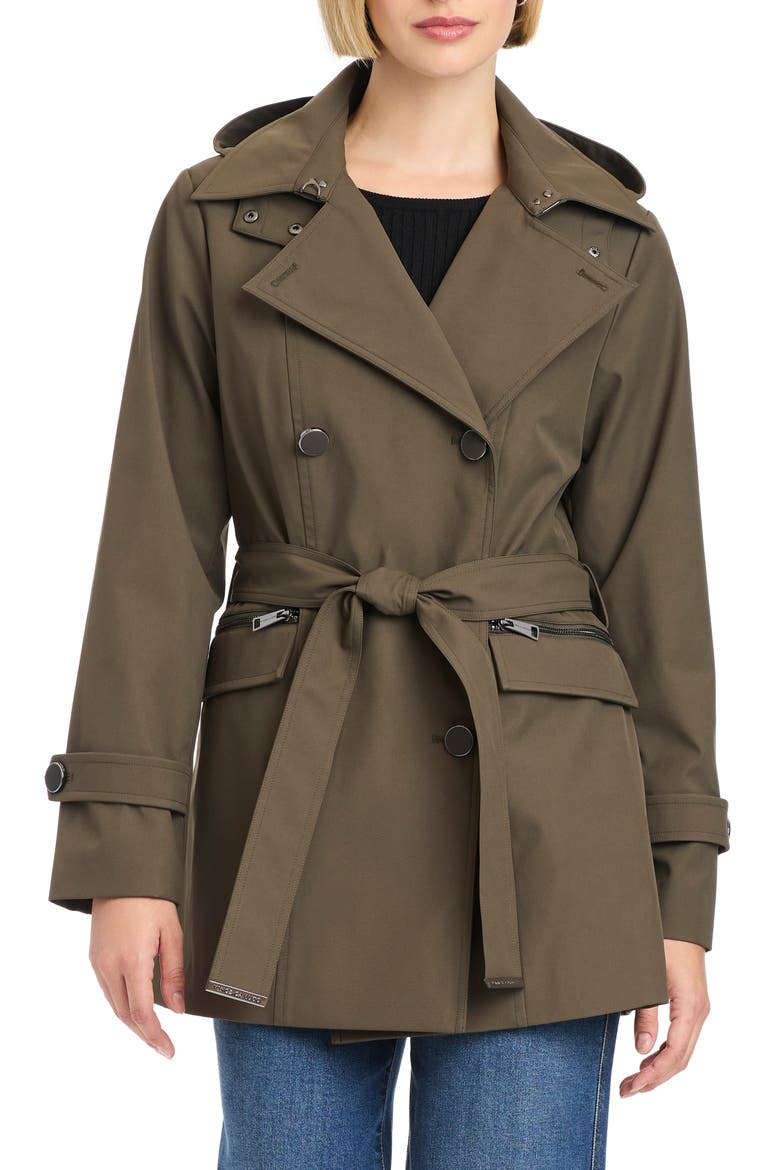 Double Breasted Hooded Trench Coat, Main, color, FOREST NIGHT