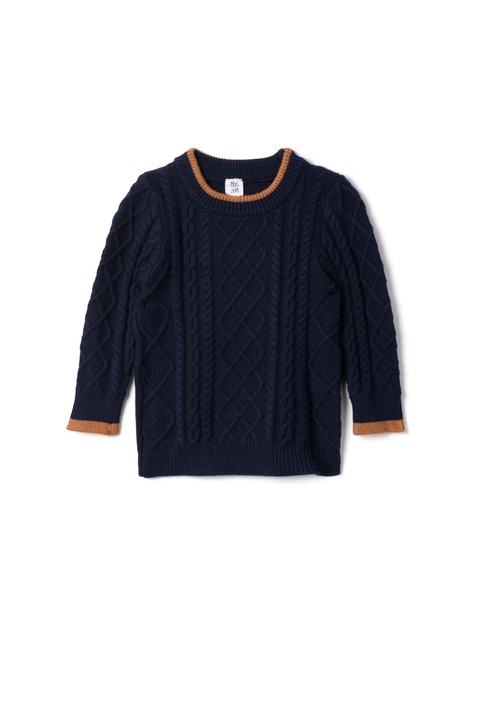 Cable Knit Contrast Ribbed Neckline Sweater (Toddler, Little Kid & Big Kid)
