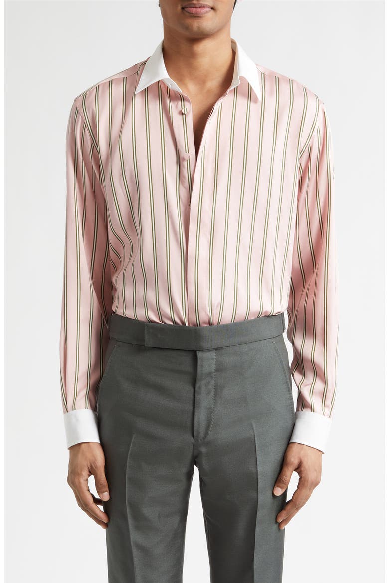 Fluid Fit Oxford Stripe Silk Jacquard Button-Up Shirt, Main, color, PINK MULTICOLOR